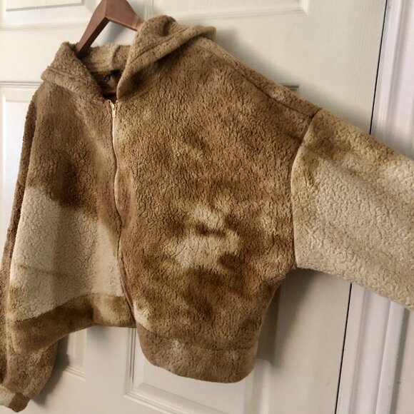 [Women's XL] Teddy Sherpa Cropped Jacket Tie Dye Fuzzy Hooded Zip Up Cozycore - Picture 3 of 6
